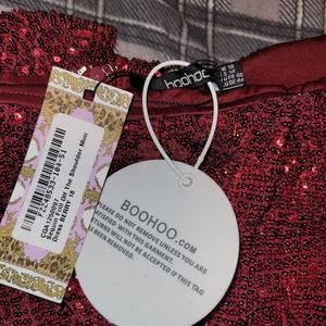 Off the shoulder wine color sequins dress